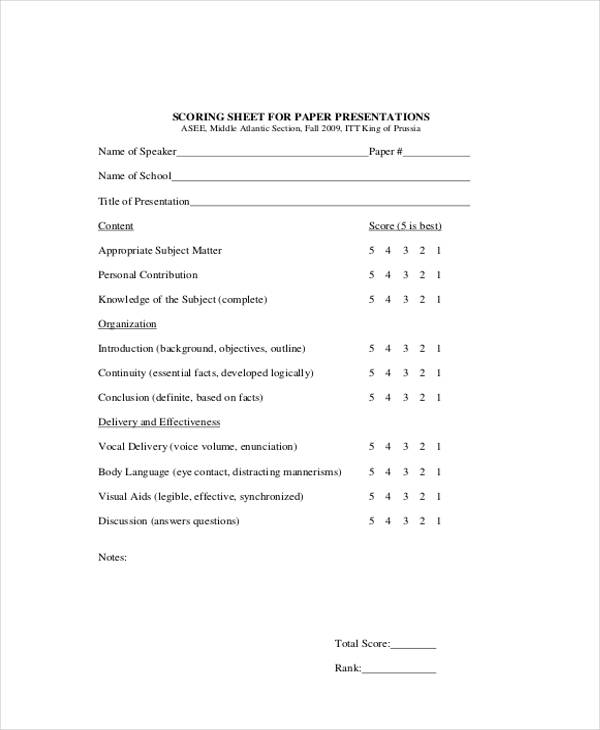 paper presentation feedback evaluation form