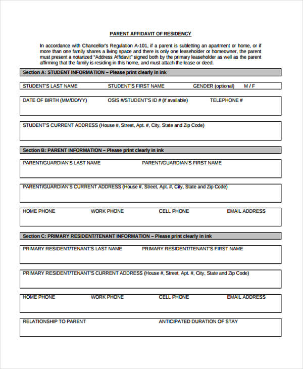 parent affidavit residency form