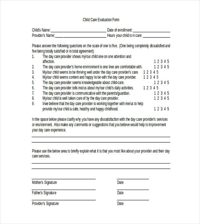 Child Care Evaluation Form Free Printable