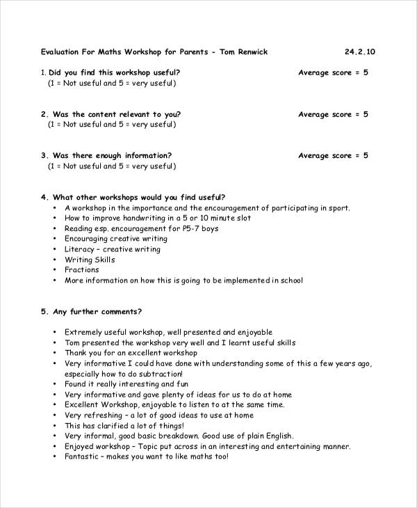 parent maths workshop evaluation form