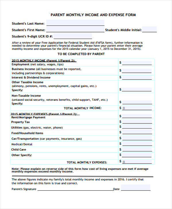 parent monthly income form sample
