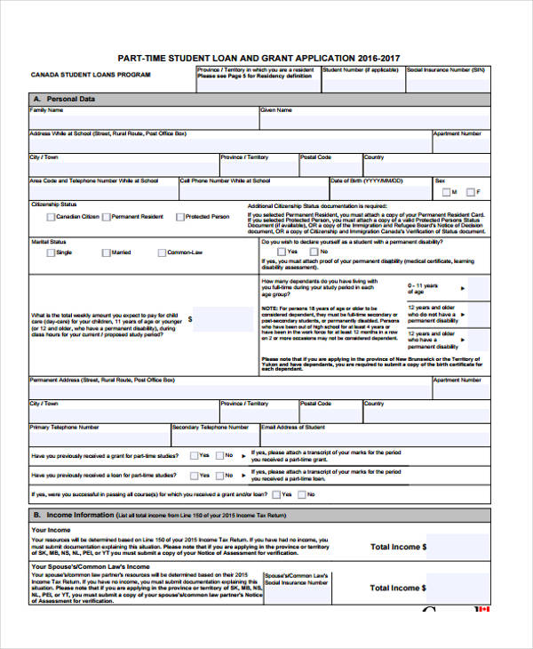 part time student loan application form