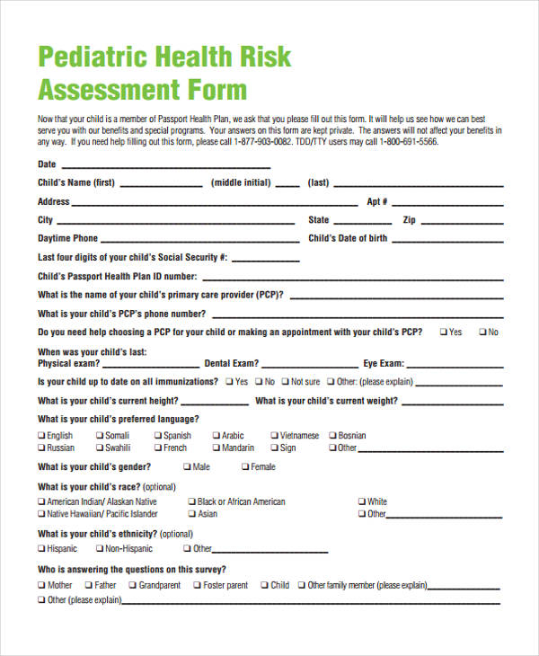 pediatric health risk assessment form