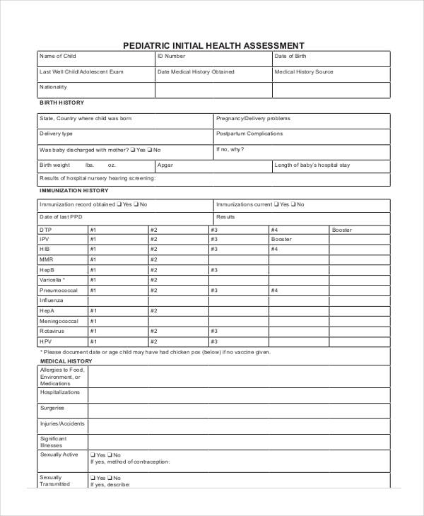 pediatric initial health assessment form