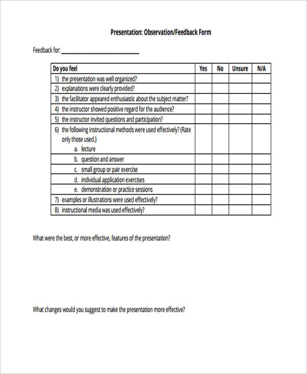 peer presentation observation feedback form
