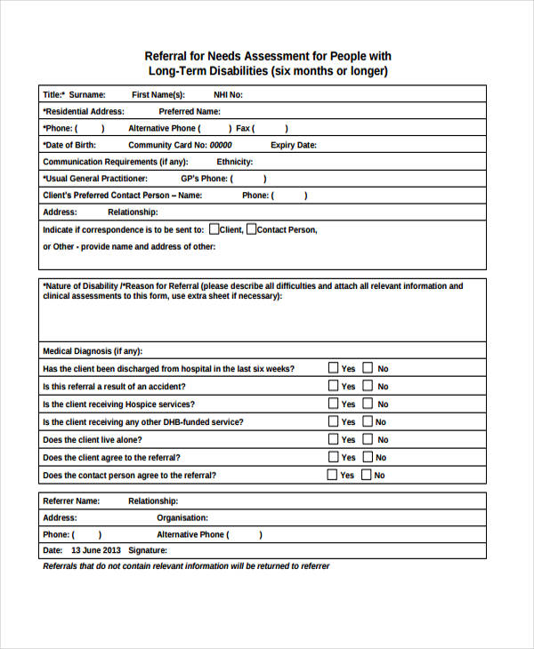 people long term needs assessment referral form
