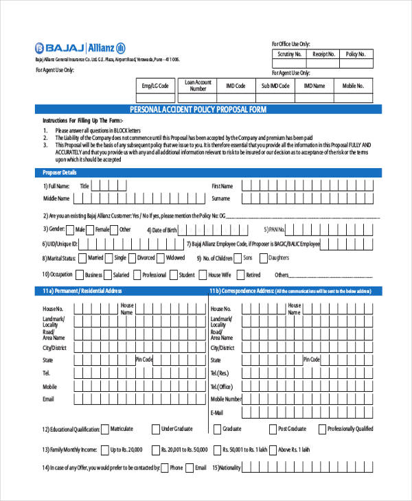 personal accident proposal form