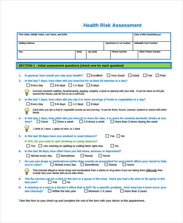 Free 39 Health Assessment Form Samples In Pdf Ms Word 6944