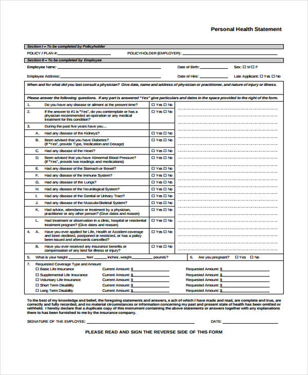 Free 11 Health Statement Forms In Pdf Ms Word 2593