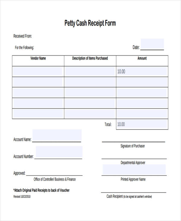petty cash receipt form example