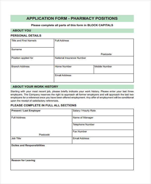 pharmacy positions application form