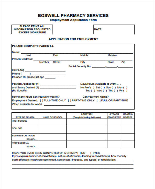 pharmacy services employment application form