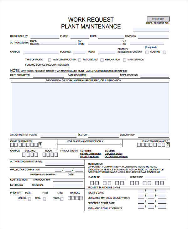 plant maintenance work order form sample
