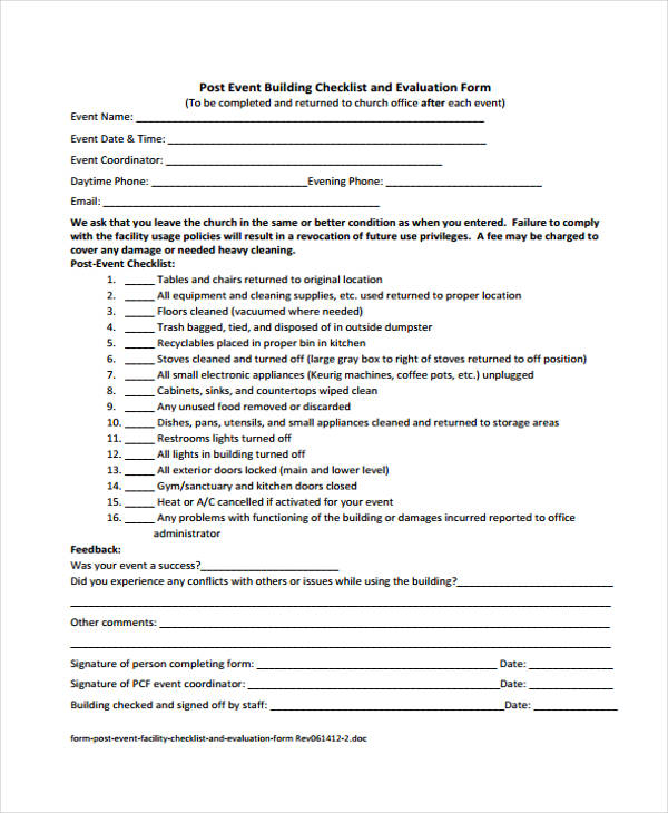 post event building checklist evaluation form