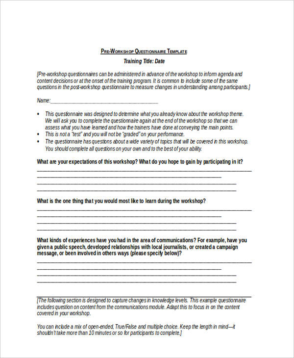 pre workshop questionnaire evaluation form