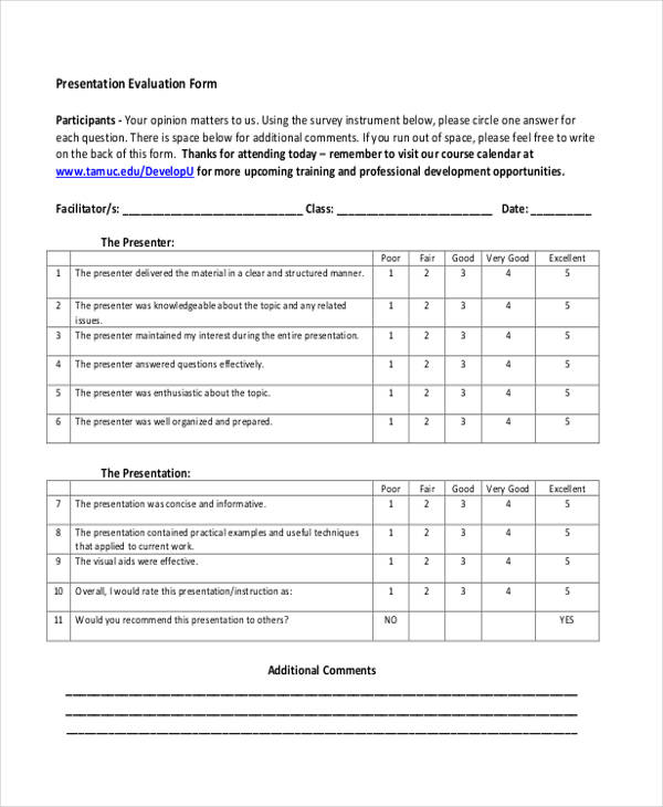 presentation evaluation feedback form example