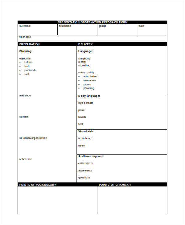 presentation observation feedback form example