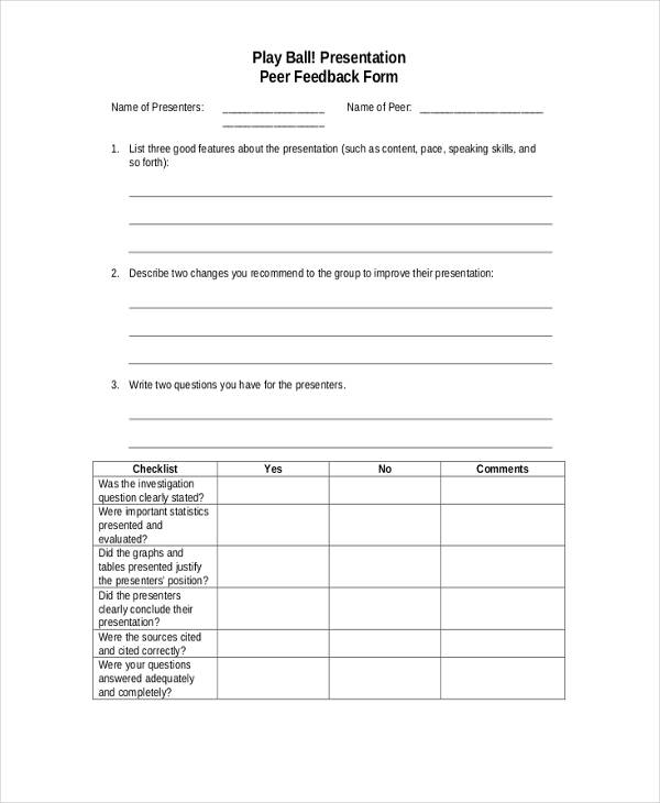 peer presentation feedback form free