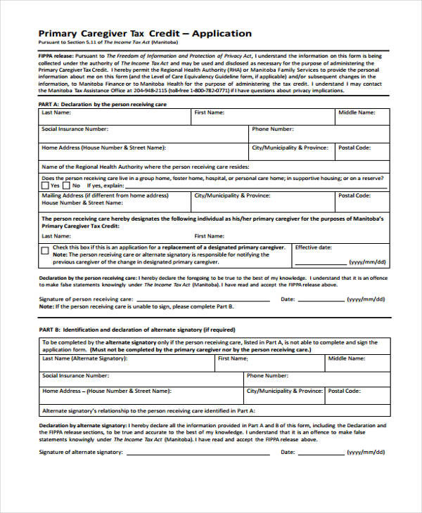 primary tax credit application form