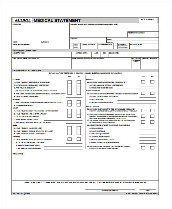 Free 12 Sample Medical Statement Forms In Pdf Ms Word 6412