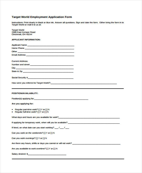 printable target job application form