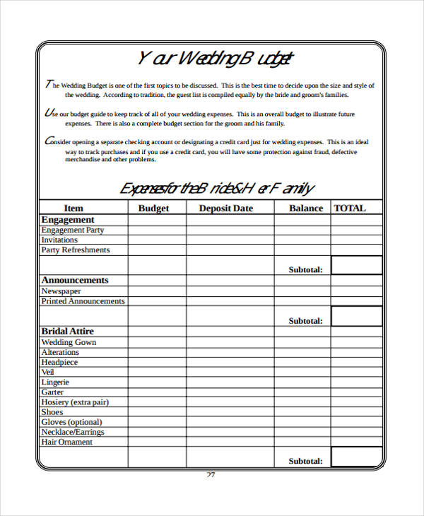 printable wedding budget form