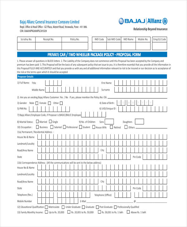 private car insurance proposal example