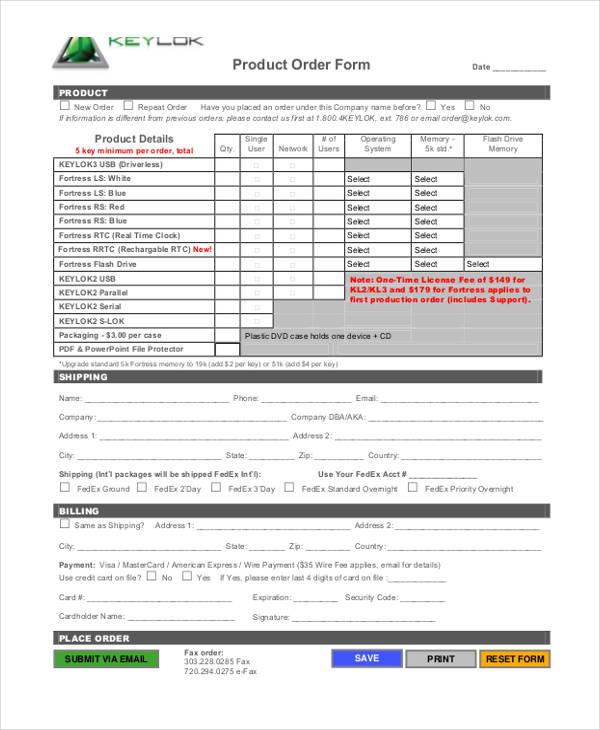 product order form