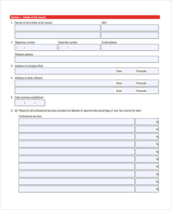 professional indemnity insurance form