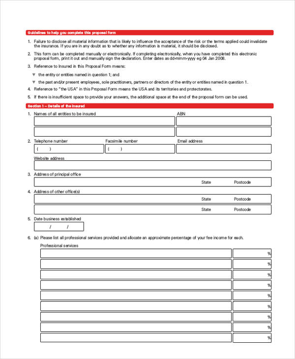 professional indemnity proposal form