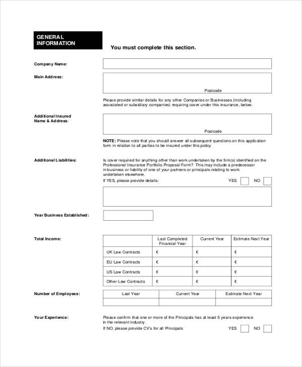 professional insurance portfolio proposal form