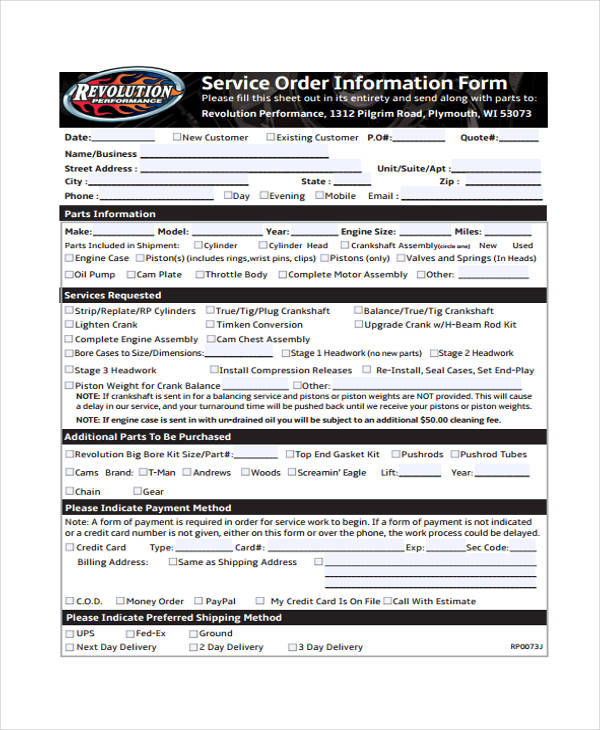 program service order information form