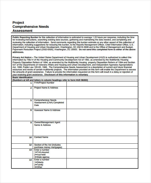 project comprehensive needs assessment form