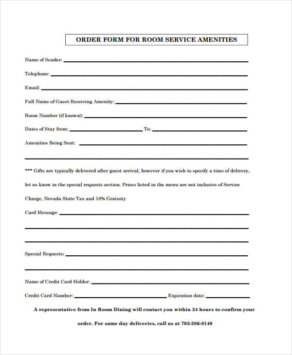 provide room service order form