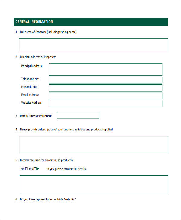 public and products liability proposal form
