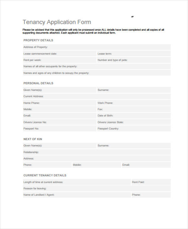 real estate tenancy application form