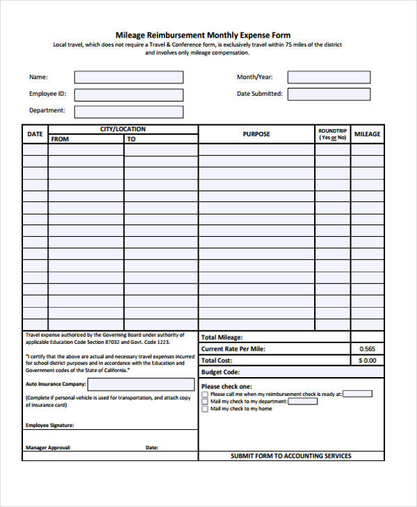 reimbursement monthly expense form