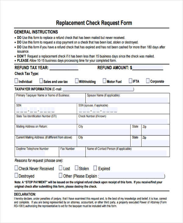replacement of lost check form