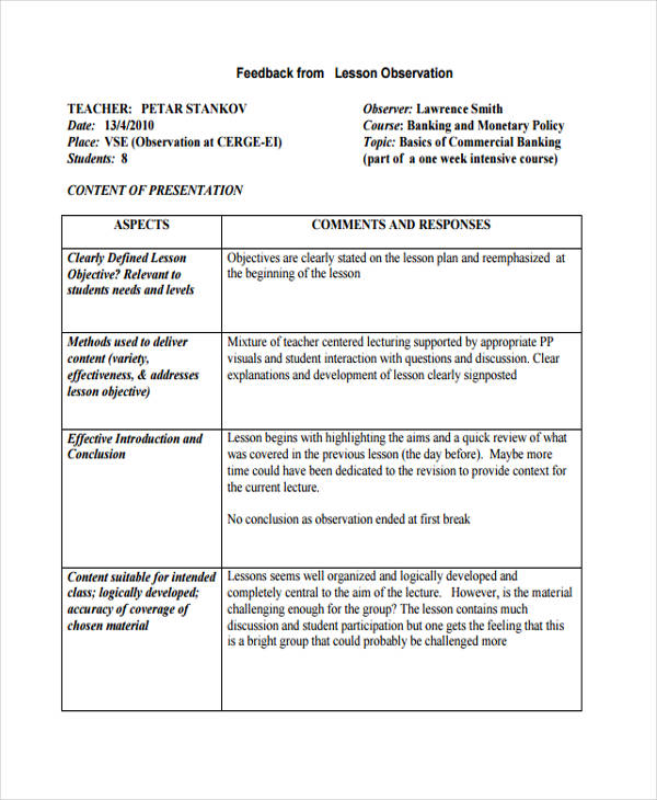 research proposal presentation observation feedback form
