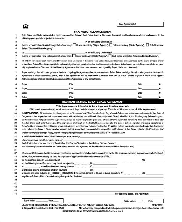 residential real estate sales agreement form