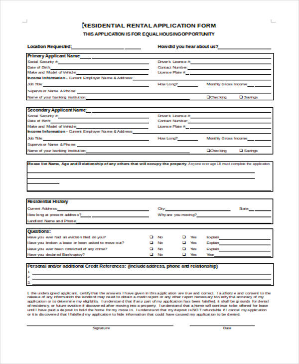Free 26 Rental Application Forms In Pdf Excel Ms Word 4959