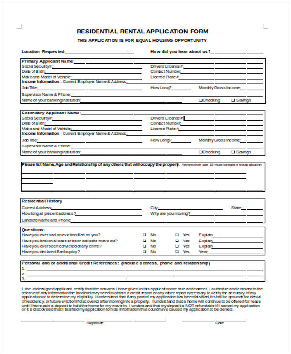 residential tenancy lease application form