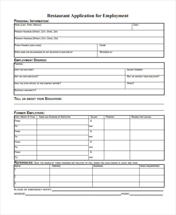 restaurant employee job application form