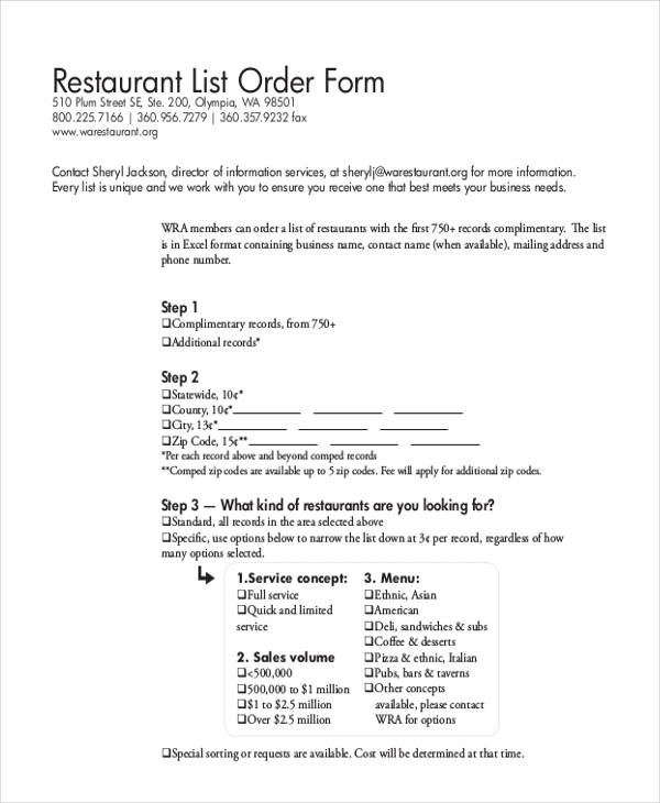 restaurant list order form
