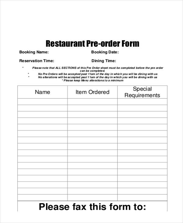 restaurant pre order form