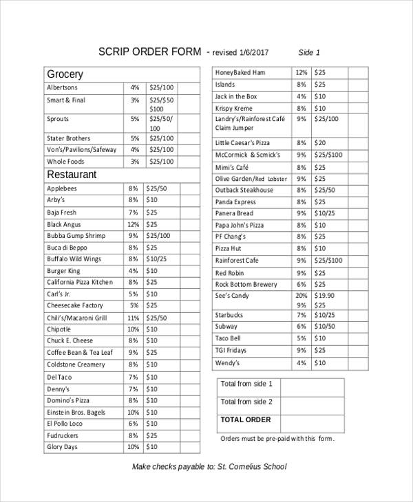 restaurant scrip order form