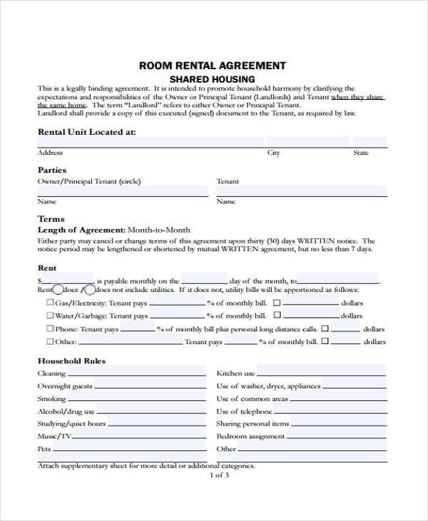 room rental agreement form