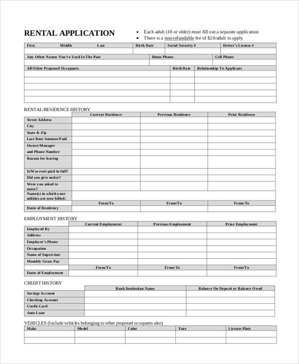 sample apartment rental lease application form
