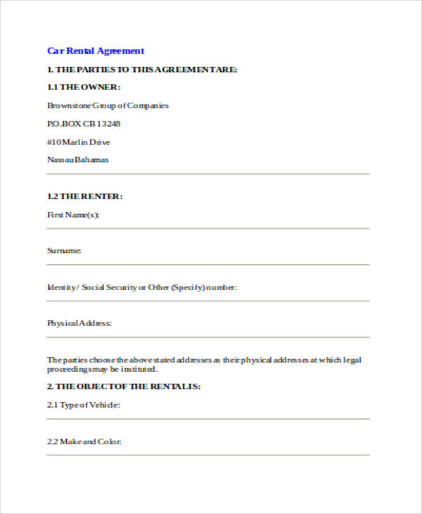sample car rental agreement form