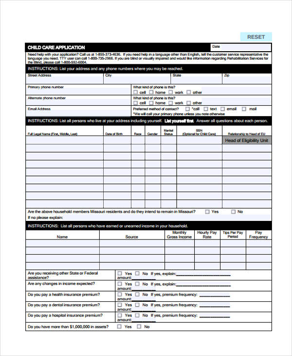 sample child care application form